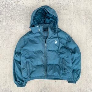 Playboy By Pacsun Mens Puffer Jacket Full Zip Hoodie Green Size M/L 25x24